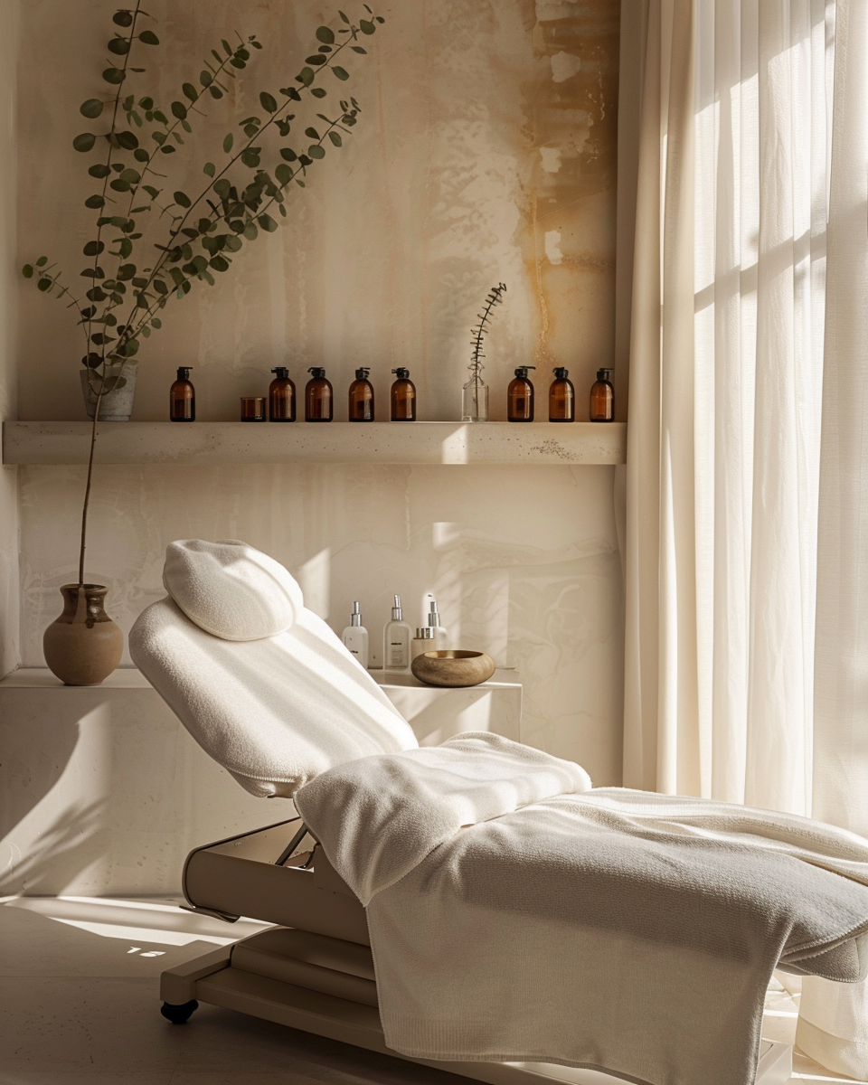 Inside Luxe Haus Med Spa in Coral Springs, FL — a treatment room with a linen-draped chair, amber apothecary bottles on a travertine shelf, eucalyptus, and morning light through sheer curtains.