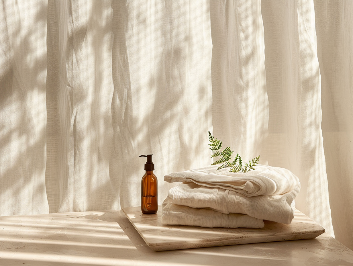 Hormones & longevity care at Luxe Haus Med Spa in Coral Springs, FL — folded ivory linens, an amber apothecary dropper bottle, and a fresh sprig of greenery.