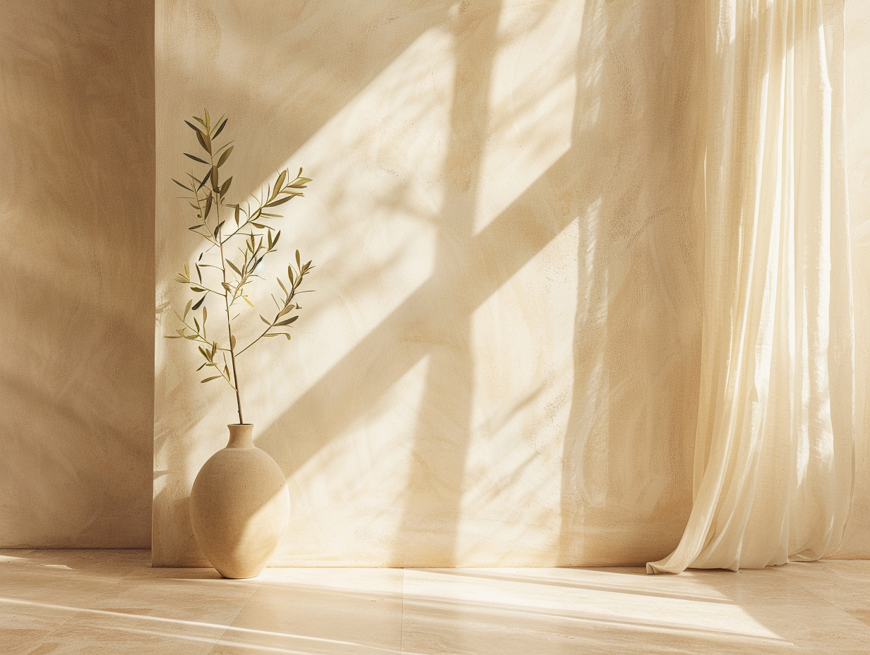 Peptide therapy & regenerative care at Luxe Haus Med Spa in Coral Springs, FL — olive branch in a cream ceramic vase against a sunlit warm-beige wall.