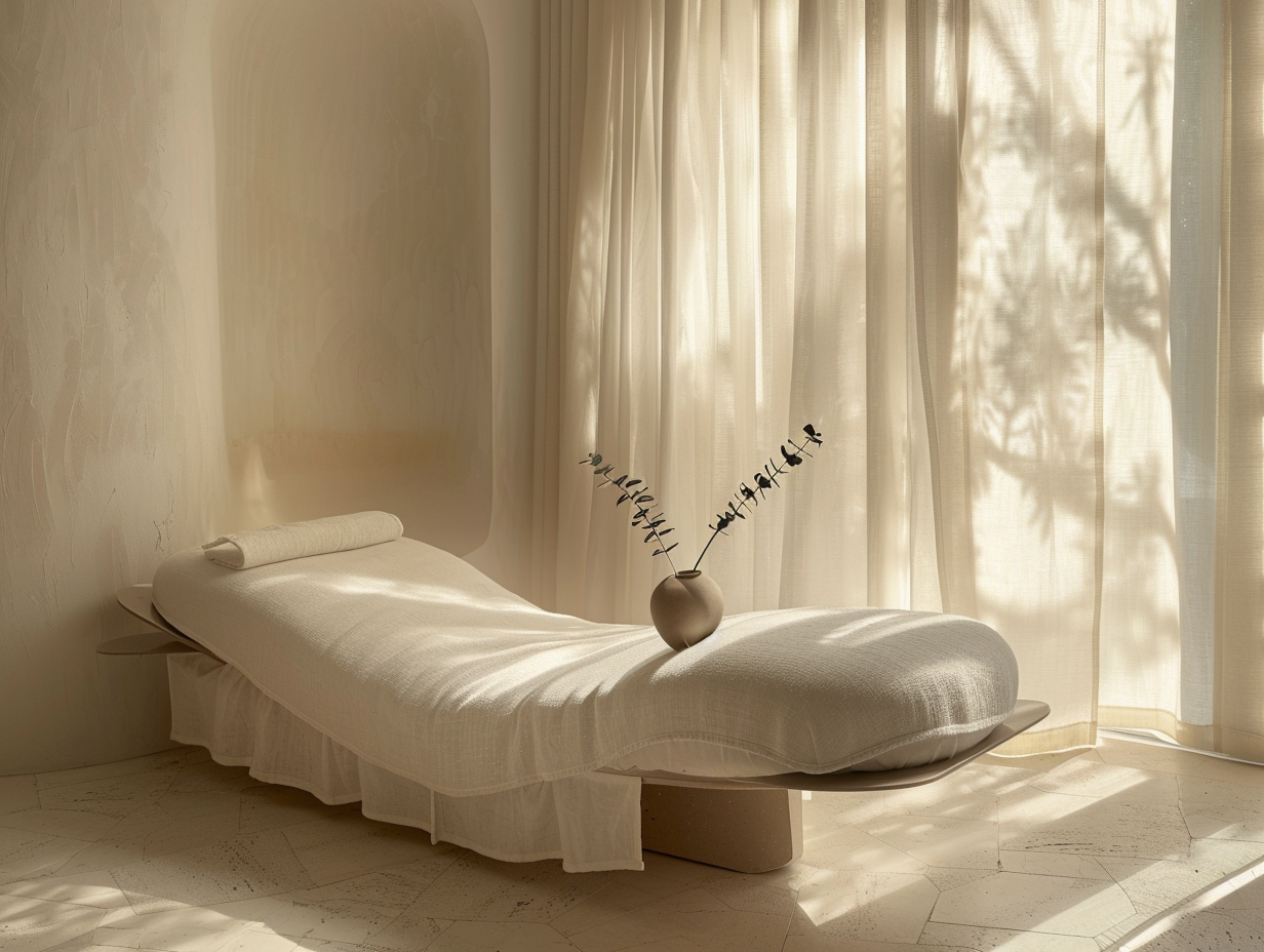Body contouring at Luxe Haus Med Spa in Coral Springs, FL — a sculptural cream daybed in a minimalist treatment room with soft natural light.