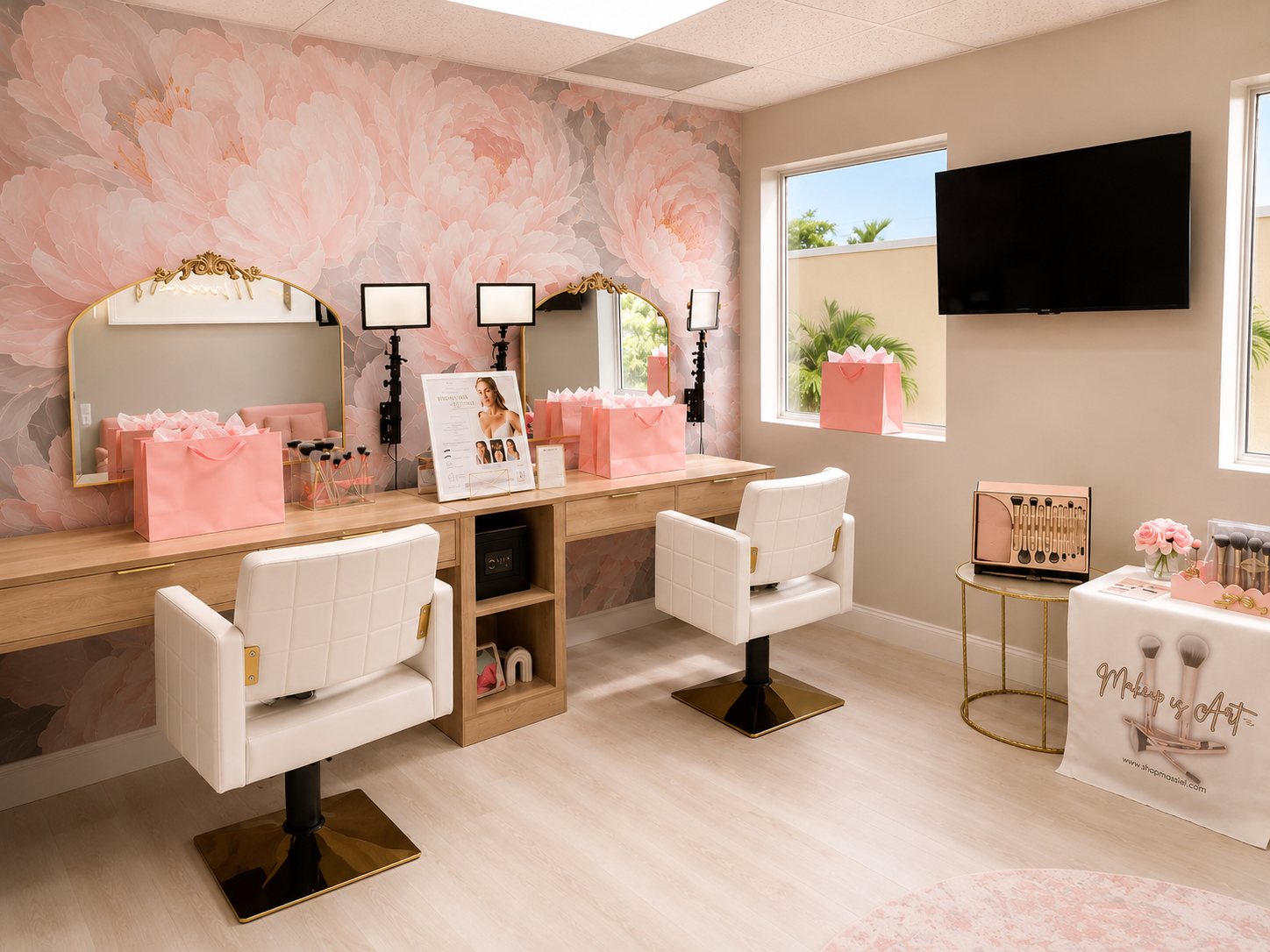 Massiel’s twin beauty and makeup stations with floral mural.