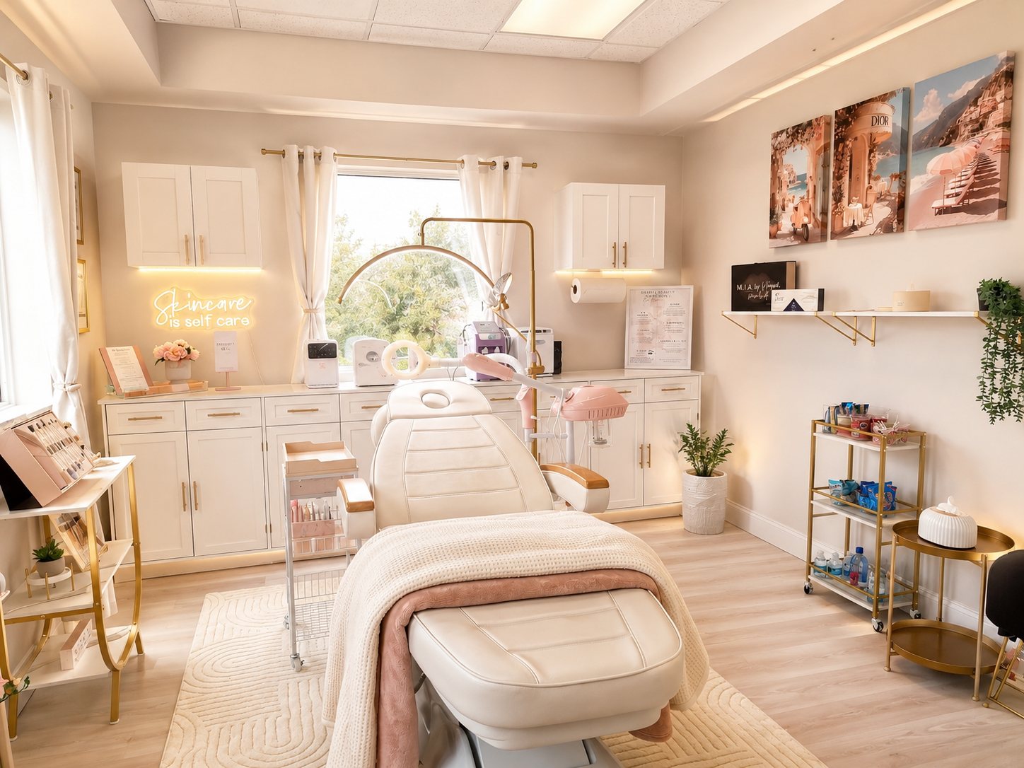 A serene facial and esthetics treatment room with warm wood and gold accents.
