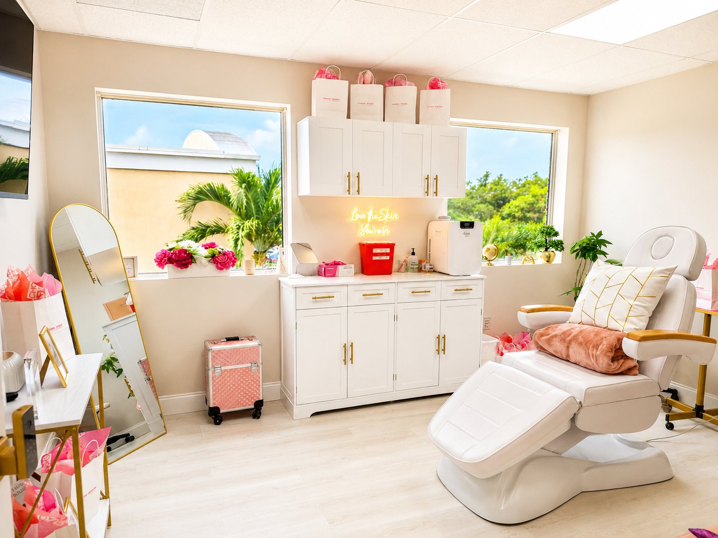An injectables treatment room — bright, calm, immaculate.